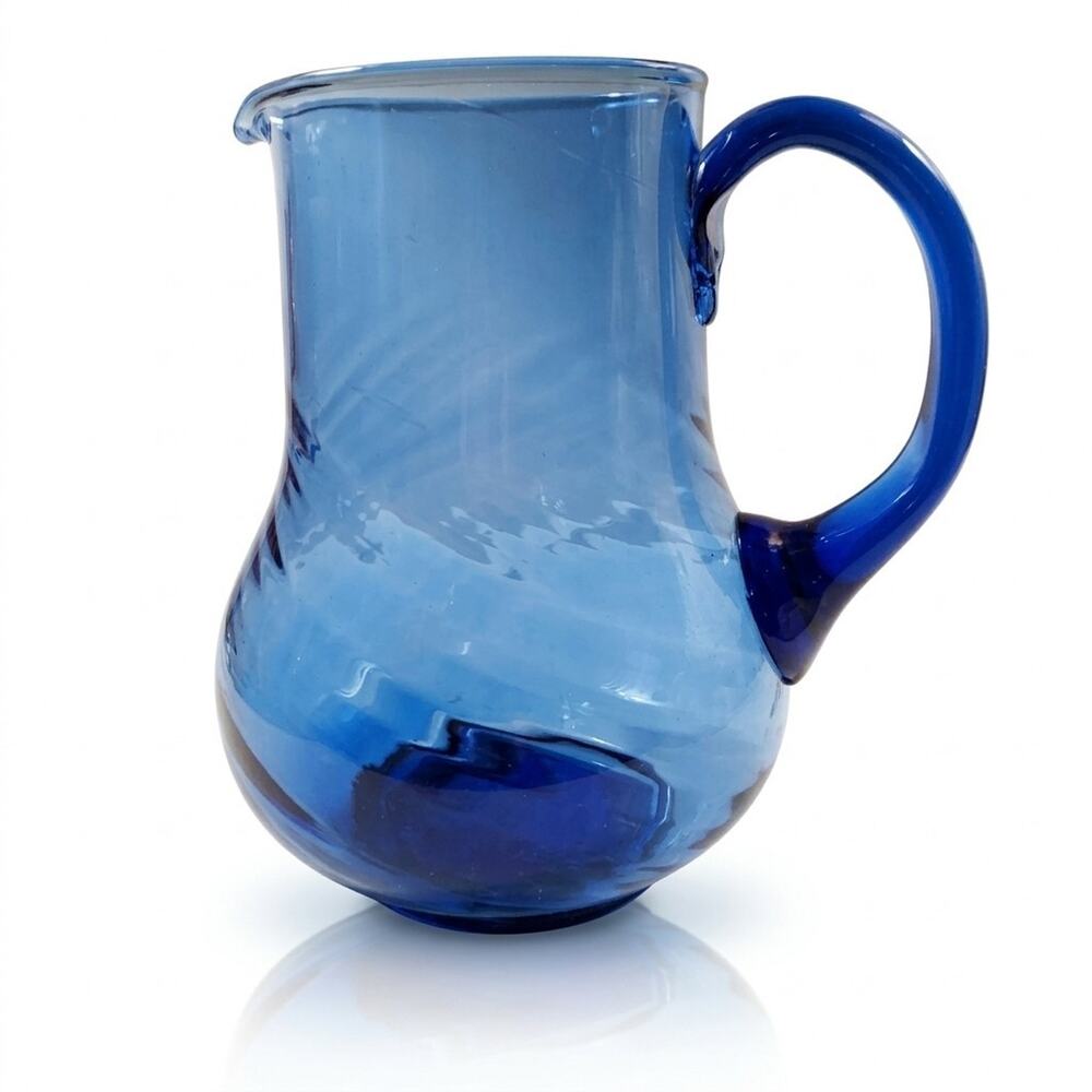 Cobalt Blue Glass Applied Handle Classic Swirl Design Pitcher 7" Tall